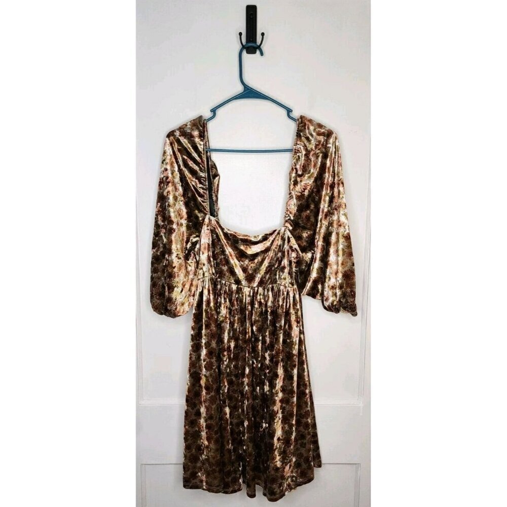 Size Small Storia Brown Floral Puff Sleeve Square Neck Babydoll Dress Velvet